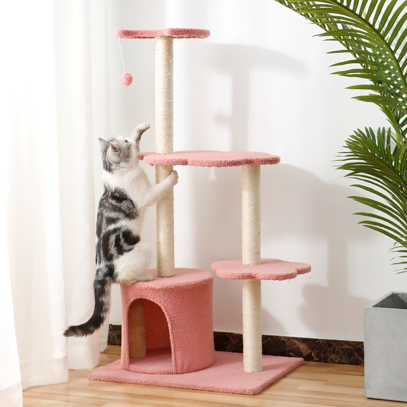 Cat scratching wooden house tree